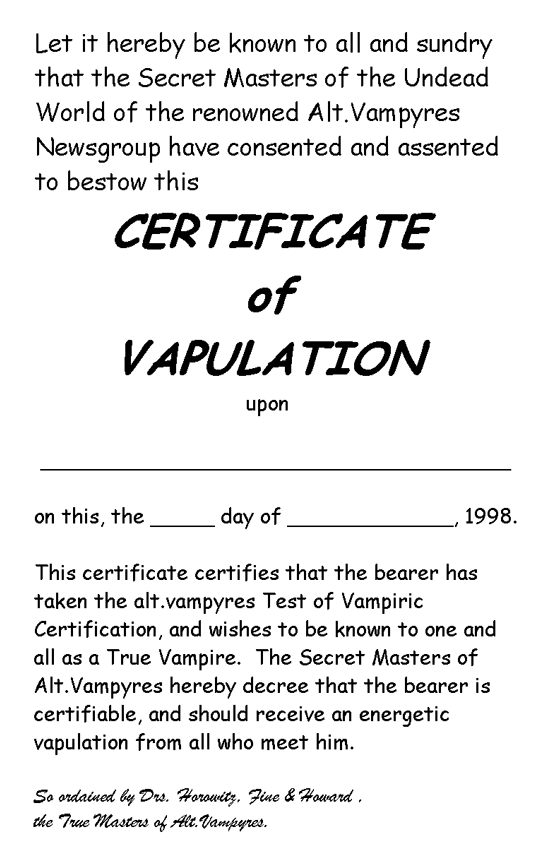 Certificate Of Vapulation